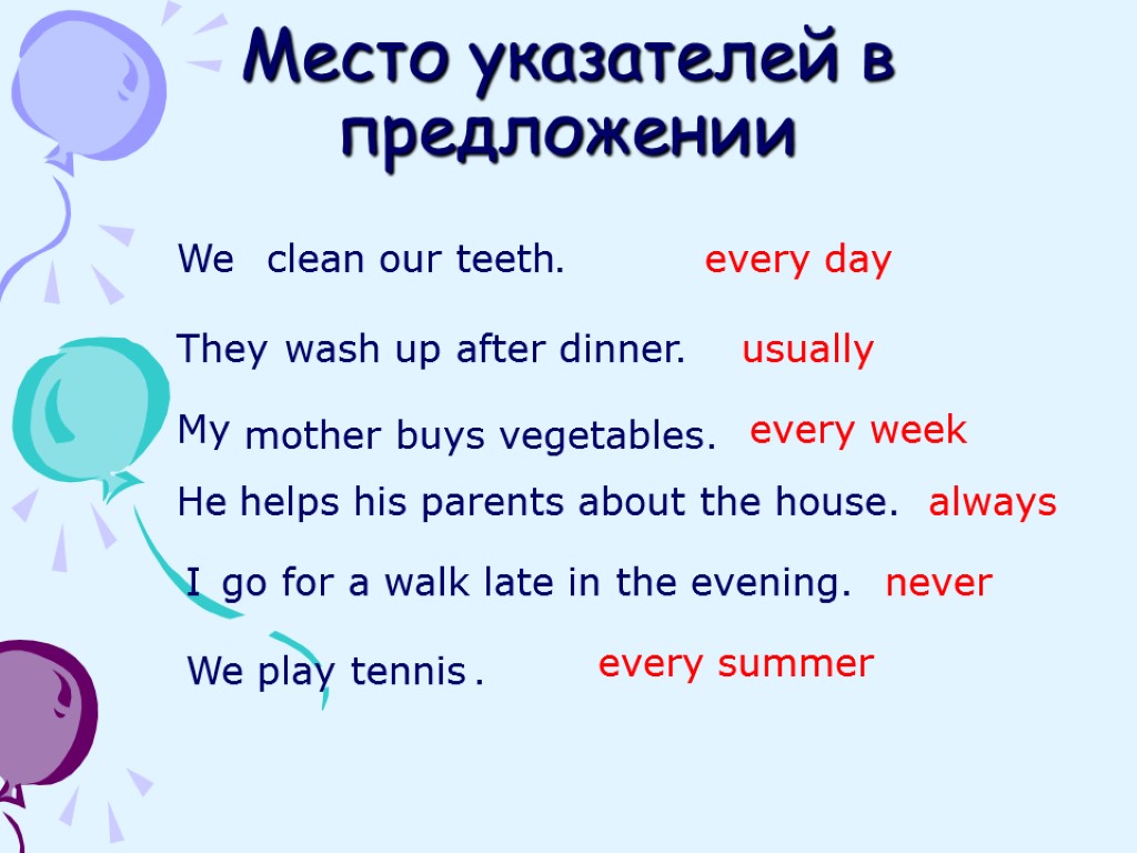 Место указателей в предложении We play tennis We clean our teeth . every day